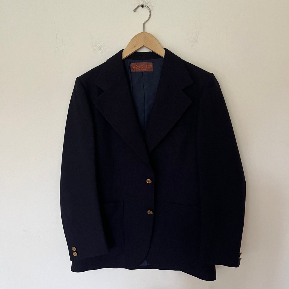 Vintage Yves Saint Laurent Navy Blue Blazer Gold YSL Monogram Buttons France - Picture 2 of 16
